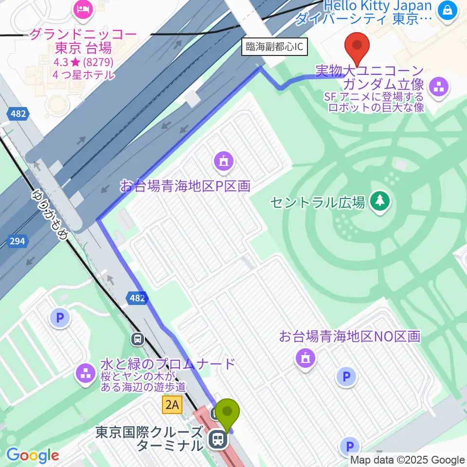 東京国際クルーズターミナル駅からZeppダイバーシティ東京へのルートマップ地図