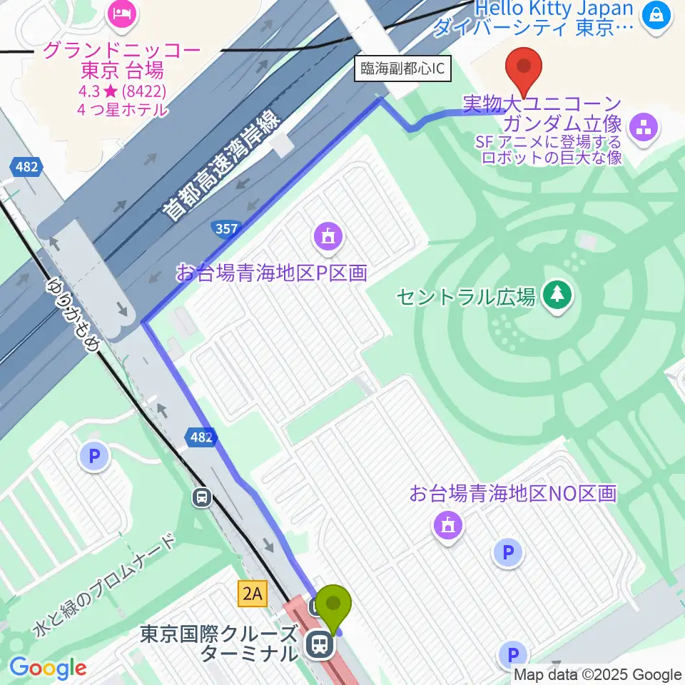 東京国際クルーズターミナル駅からZeppダイバーシティ東京へのルートマップ地図