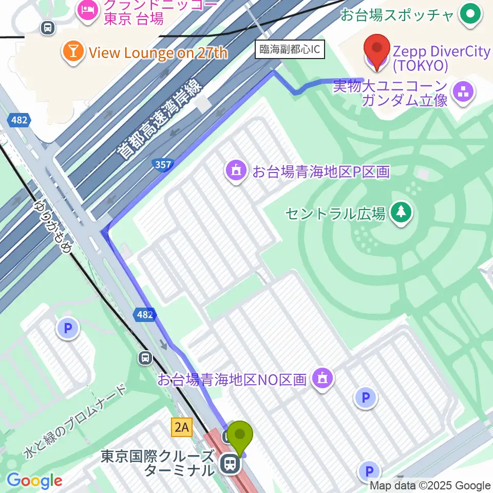 東京国際クルーズターミナル駅からZeppダイバーシティ東京へのルートマップ地図