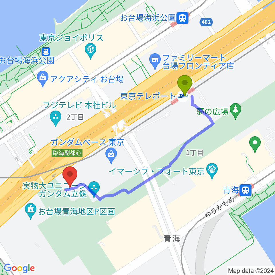 東京テレポート駅からZeppダイバーシティ東京へのルートマップ地図