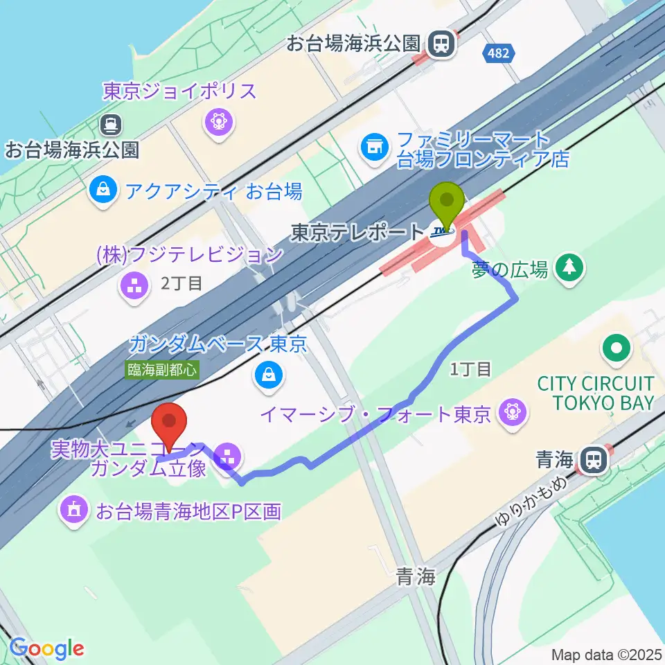 東京テレポート駅からZeppダイバーシティ東京へのルートマップ地図