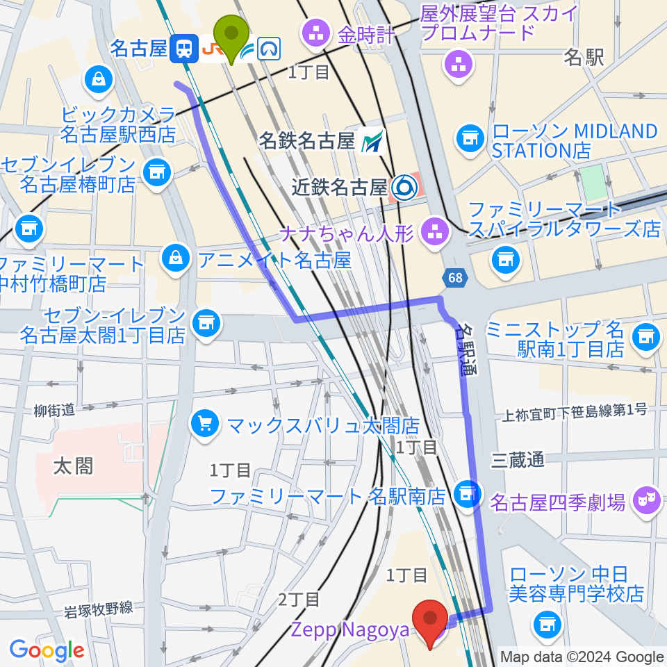 名古屋駅からZepp名古屋へのルートマップ地図