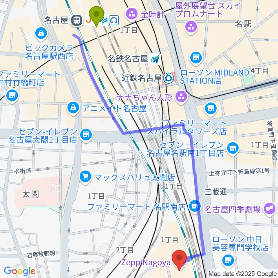 名古屋駅からZepp名古屋へのルートマップ地図