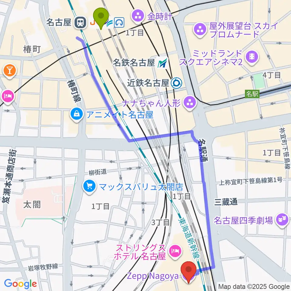 名古屋駅からZepp名古屋へのルートマップ地図