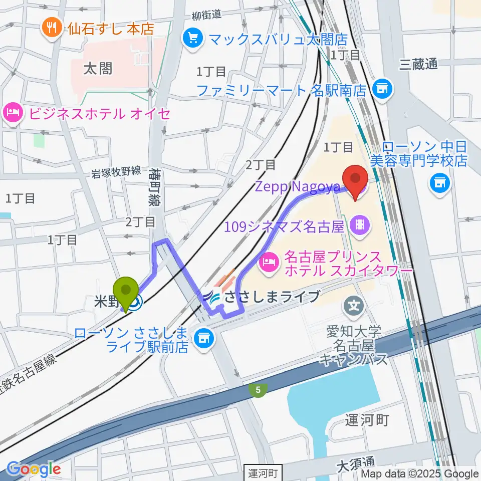 Zepp名古屋の最寄駅米野駅からの徒歩ルート（約8分）地図