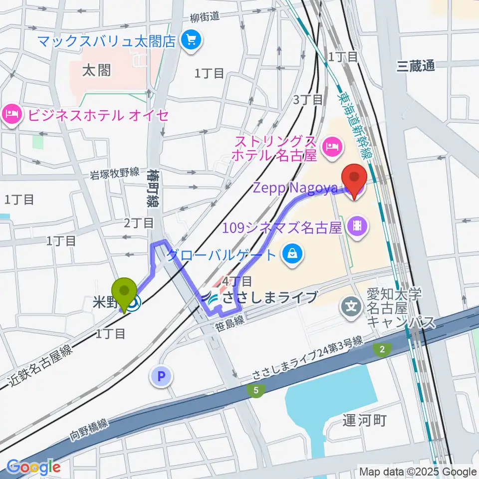米野駅からZepp名古屋へのルートマップ地図