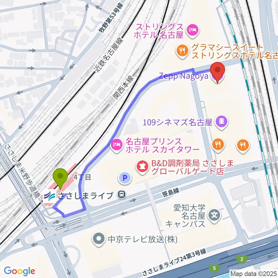 Zepp名古屋の最寄駅ささしまライブ駅からの徒歩ルート（約5分）地図