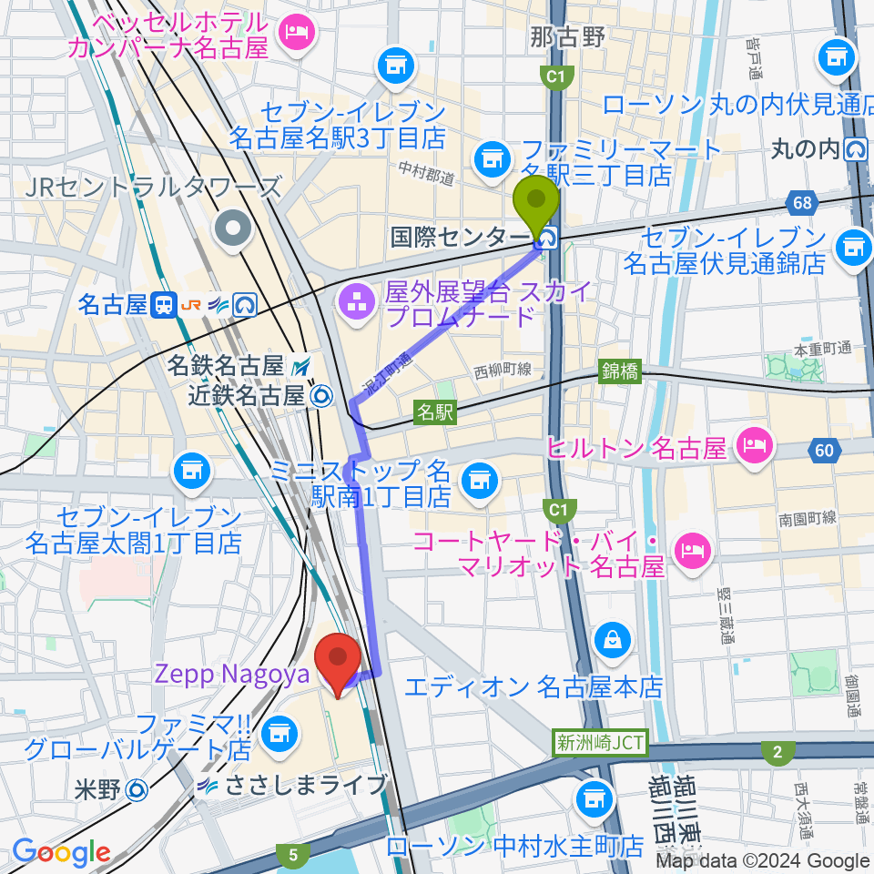 国際センター駅からZepp名古屋へのルートマップ地図