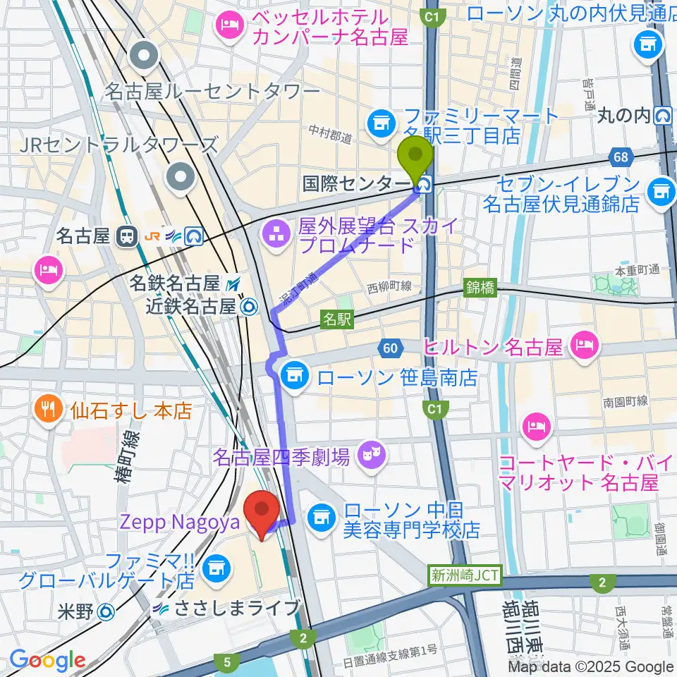 国際センター駅からZepp名古屋へのルートマップ地図