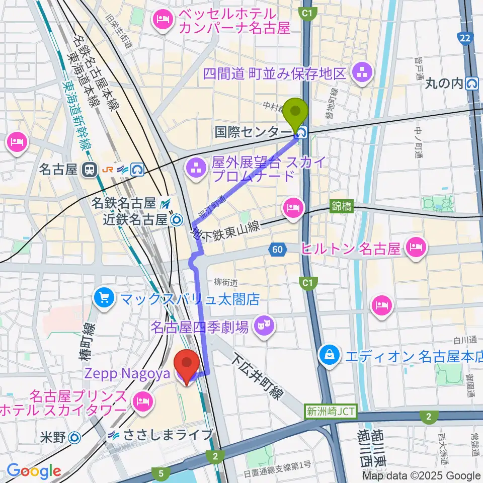国際センター駅からZepp名古屋へのルートマップ地図
