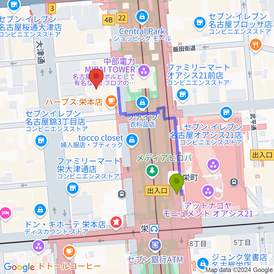 栄町駅からロックス栄へのルートマップ地図