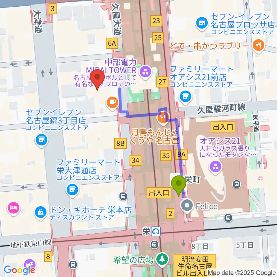 栄町駅からロックス栄へのルートマップ地図