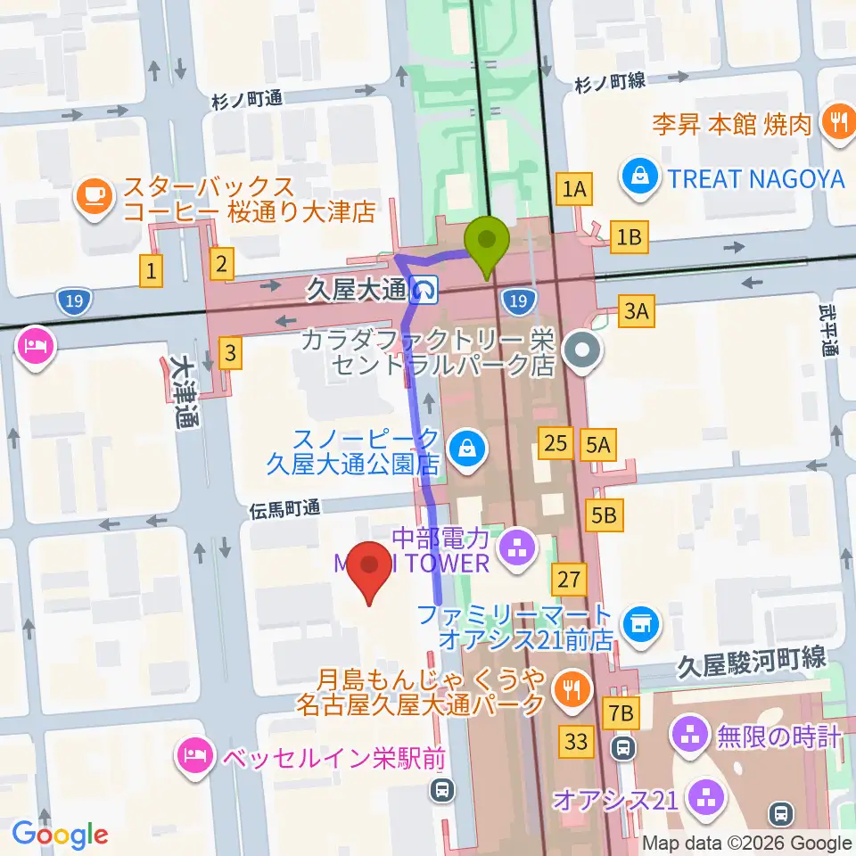 ロックス栄の最寄駅久屋大通駅からの徒歩ルート 約3分 Mdata ロックス栄の最寄駅久屋大通駅からの徒歩ルート 約3分 Mdata
