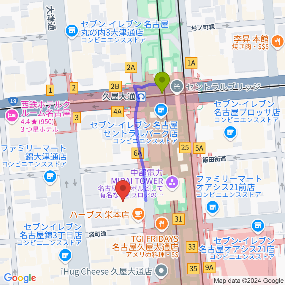 ロックス栄の最寄駅久屋大通駅からの徒歩ルート（約3分）地図