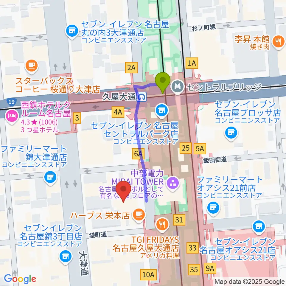 ロックス栄の最寄駅久屋大通駅からの徒歩ルート（約3分）地図