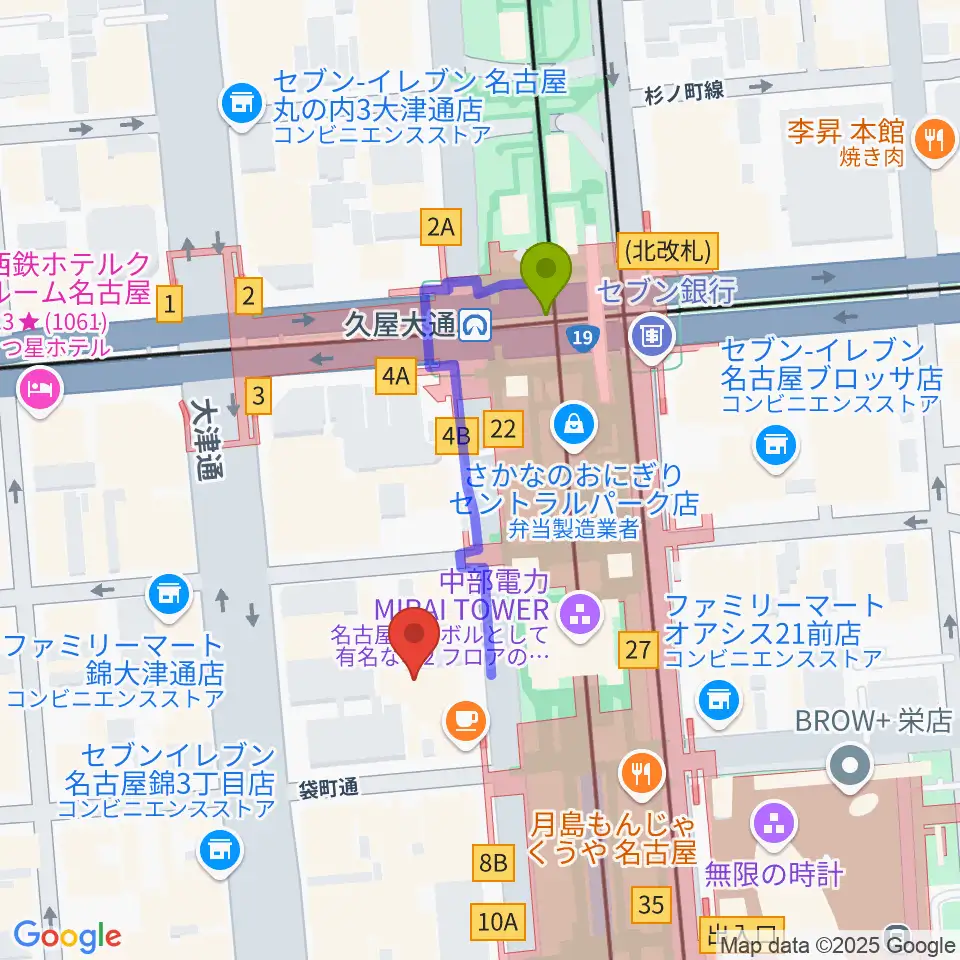 ロックス栄の最寄駅久屋大通駅からの徒歩ルート（約3分）地図