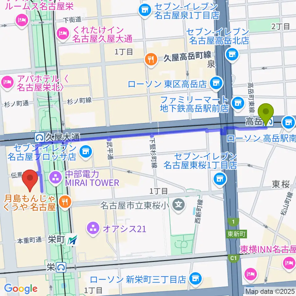 高岳駅からロックス栄へのルートマップ地図