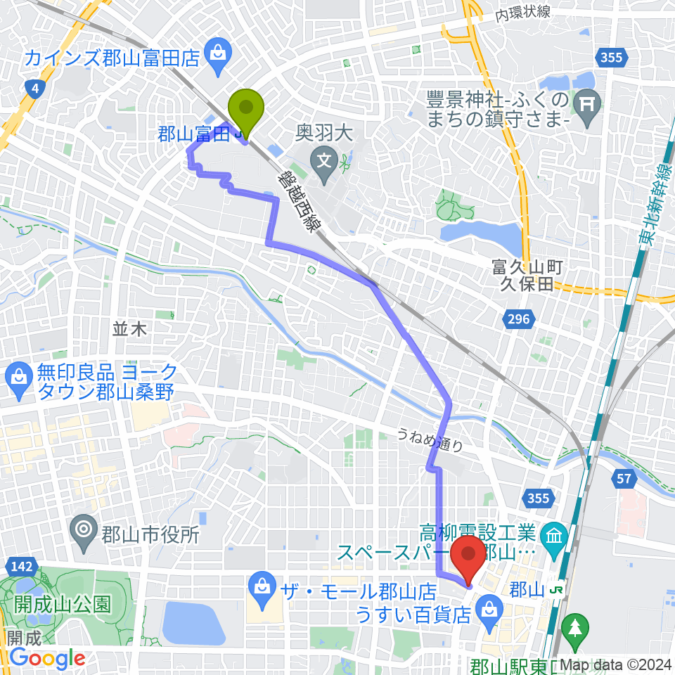郡山富田駅から十字屋楽器へのルートマップ地図