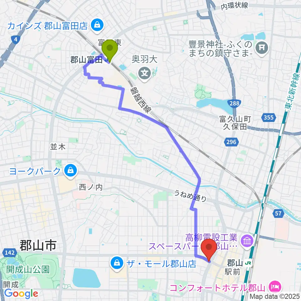 郡山富田駅から十字屋楽器へのルートマップ地図