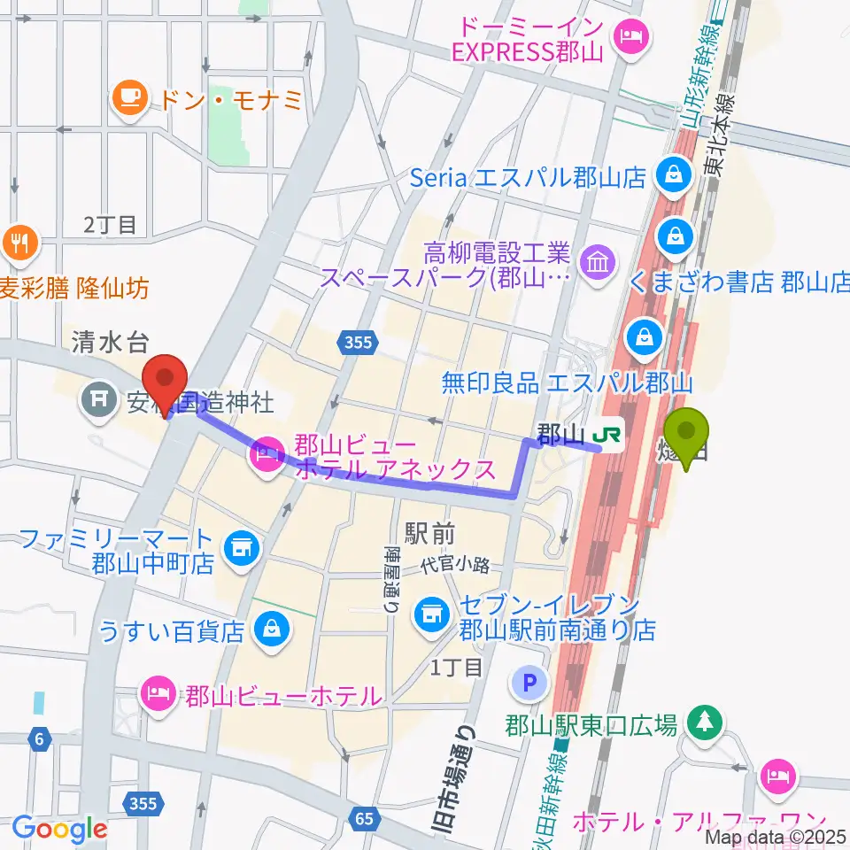 十字屋楽器の最寄駅郡山駅からの徒歩ルート（約9分）地図