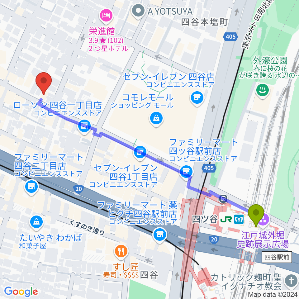 四ツ谷サウンドクリークドッポの最寄駅四ツ谷駅からの徒歩ルート（約6分）地図