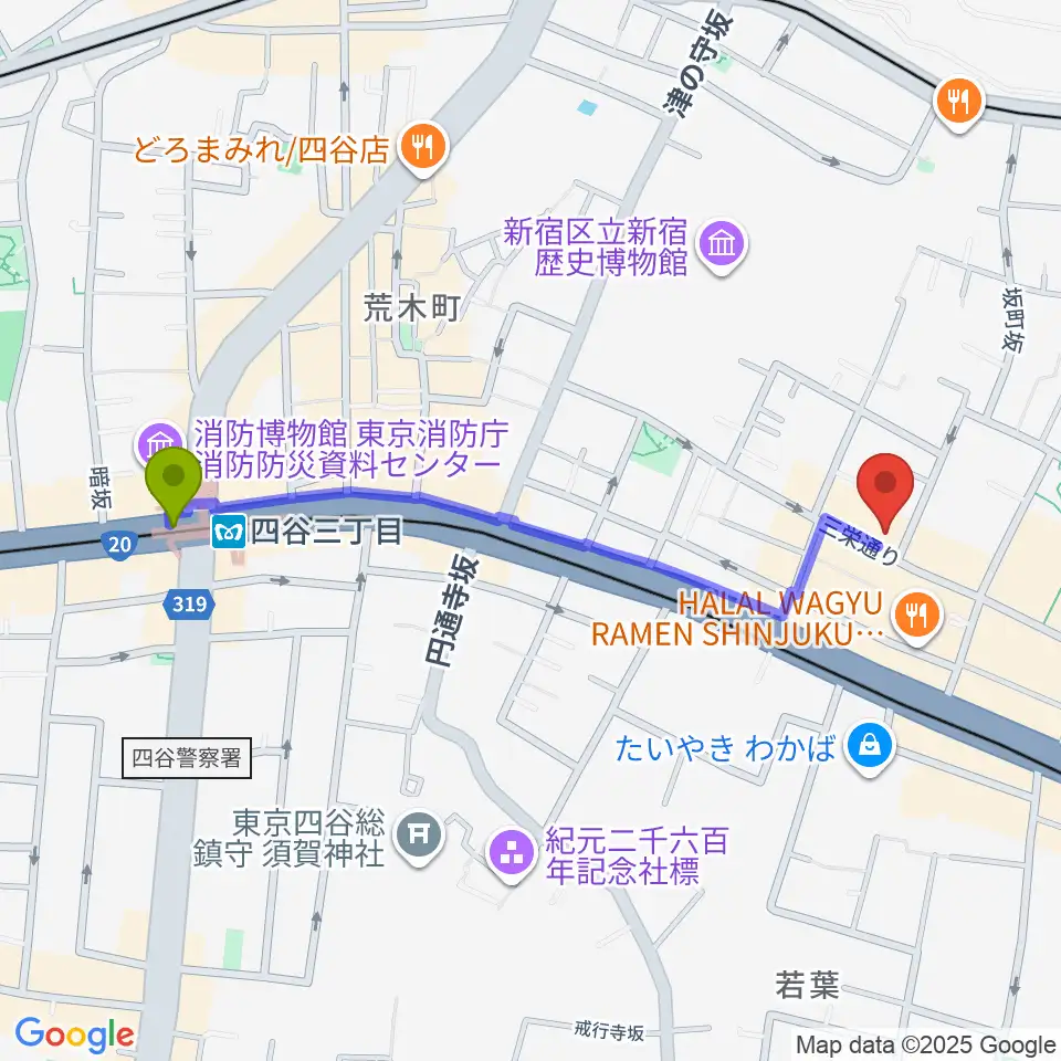 四谷三丁目駅から四ツ谷サウンドクリークドッポへのルートマップ地図