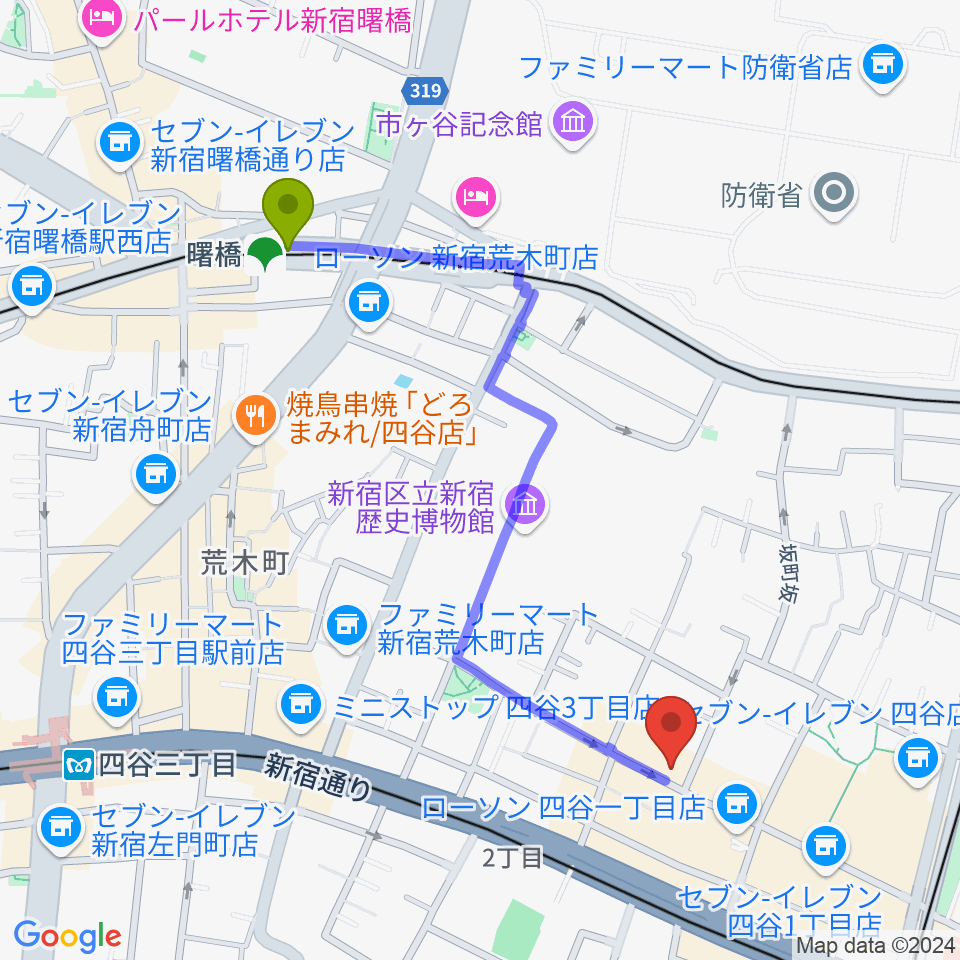 曙橋駅から四ツ谷サウンドクリークドッポへのルートマップ地図