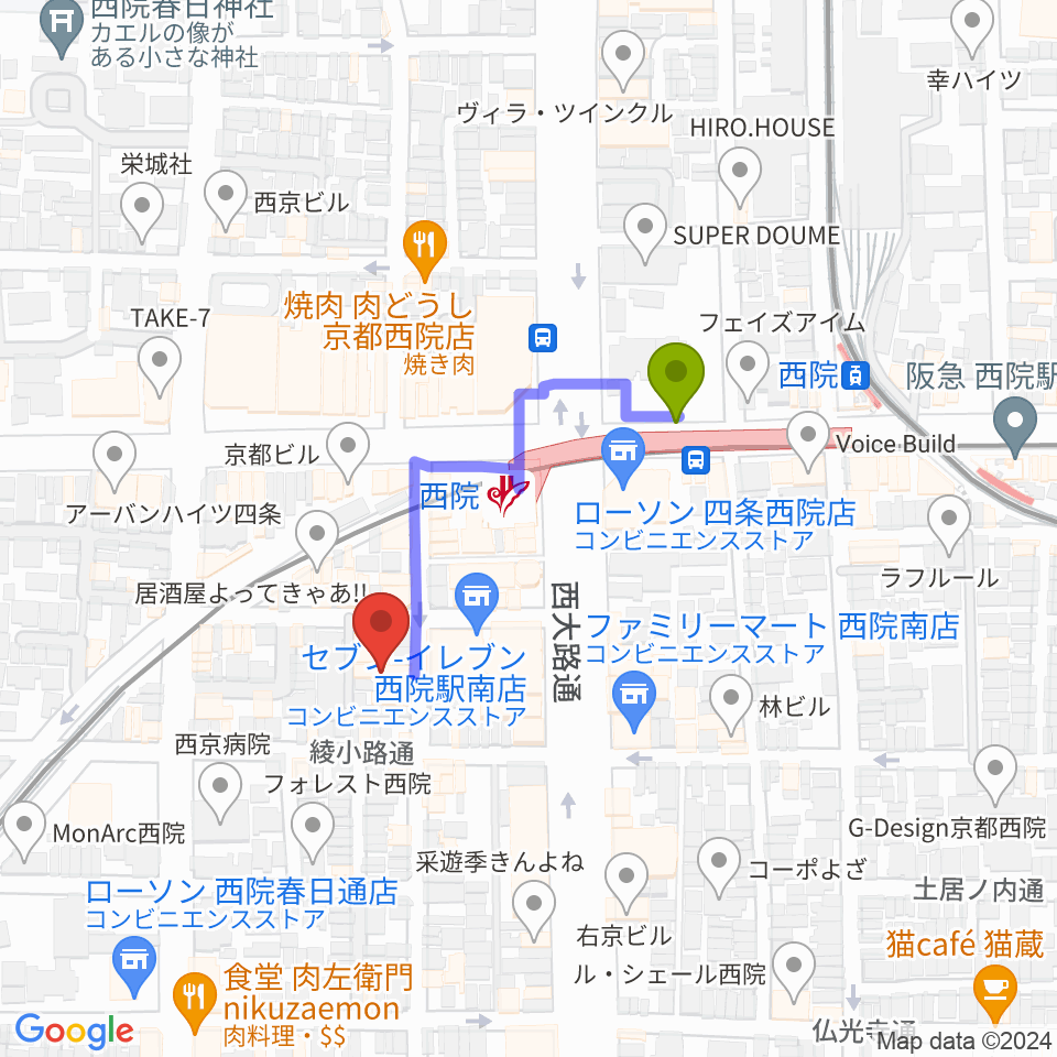 京都GATTACAの最寄駅西院駅からの徒歩ルート（約3分）地図