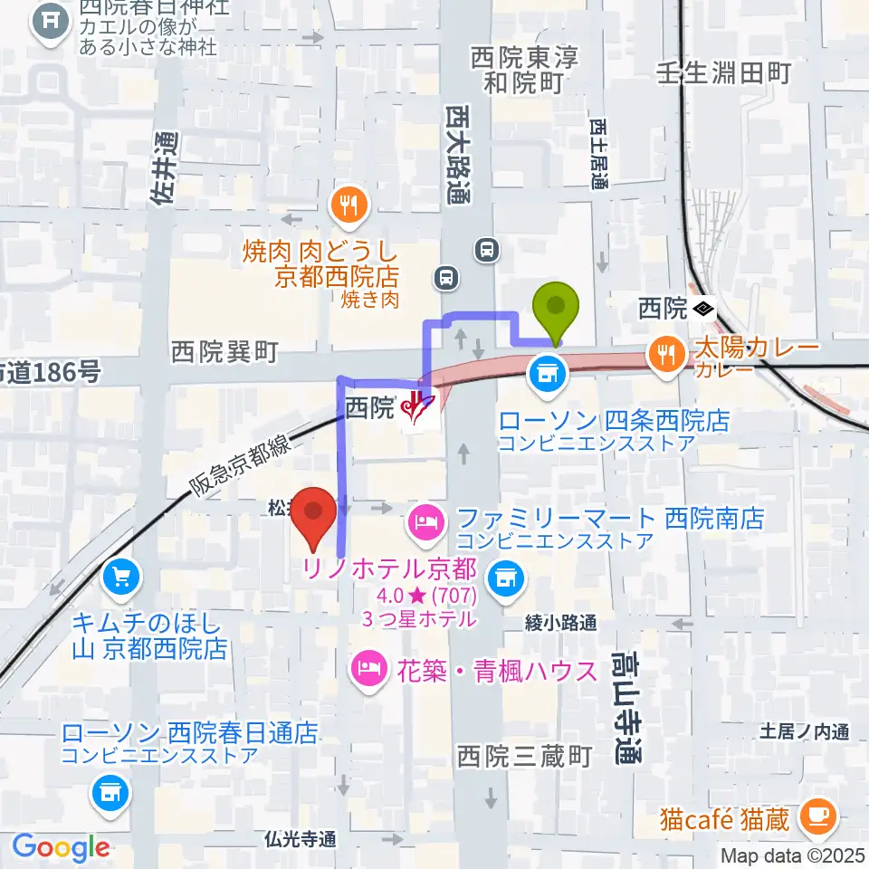 京都GATTACAの最寄駅西院駅からの徒歩ルート（約3分）地図