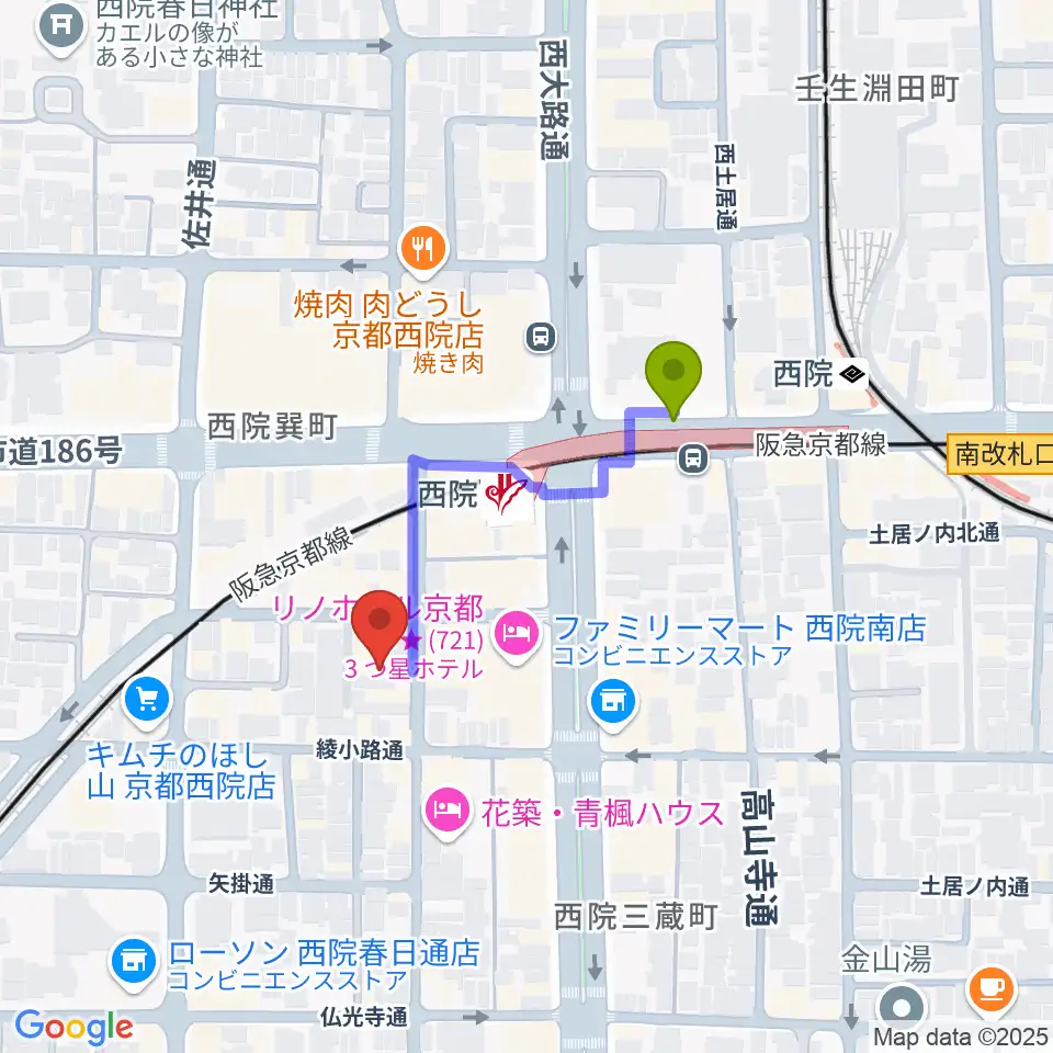 京都GATTACAの最寄駅西院駅からの徒歩ルート（約3分）地図