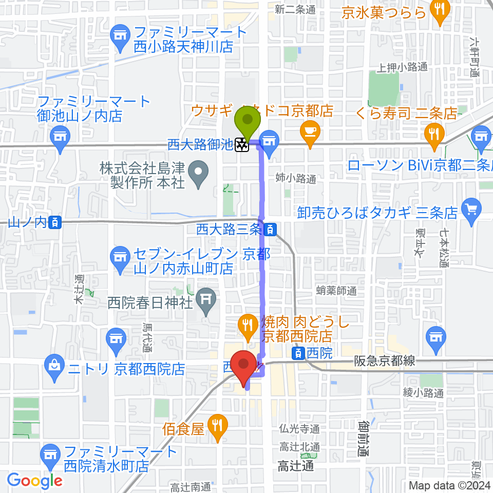 西大路御池駅から京都GATTACAへのルートマップ地図