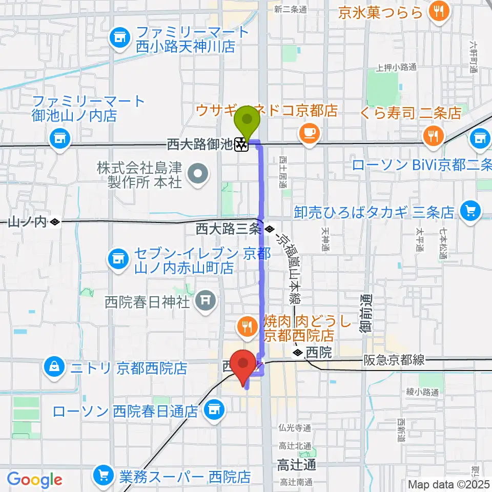 西大路御池駅から京都GATTACAへのルートマップ地図