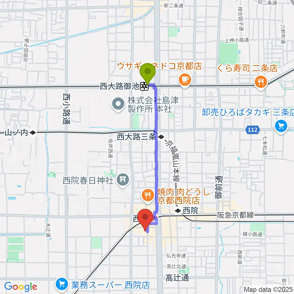 西大路御池駅から京都GATTACAへのルートマップ地図