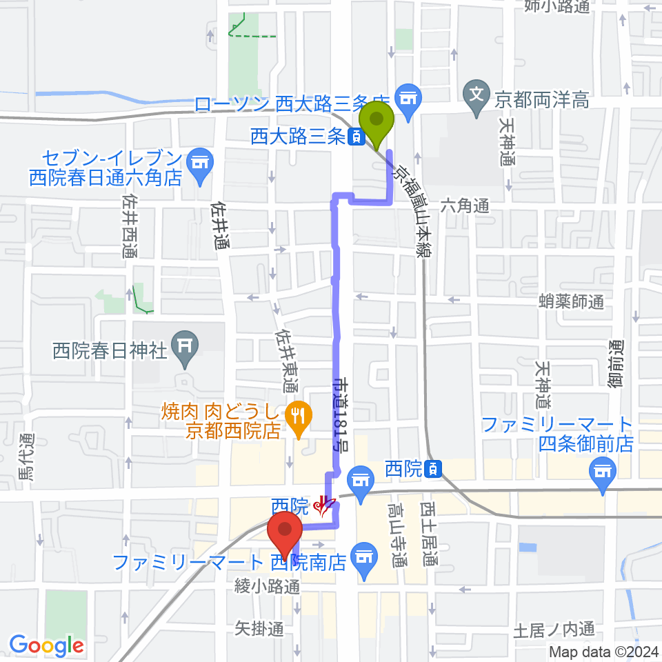 西大路三条駅から京都GATTACAへのルートマップ地図