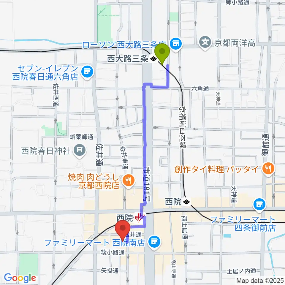 西大路三条駅から京都GATTACAへのルートマップ地図