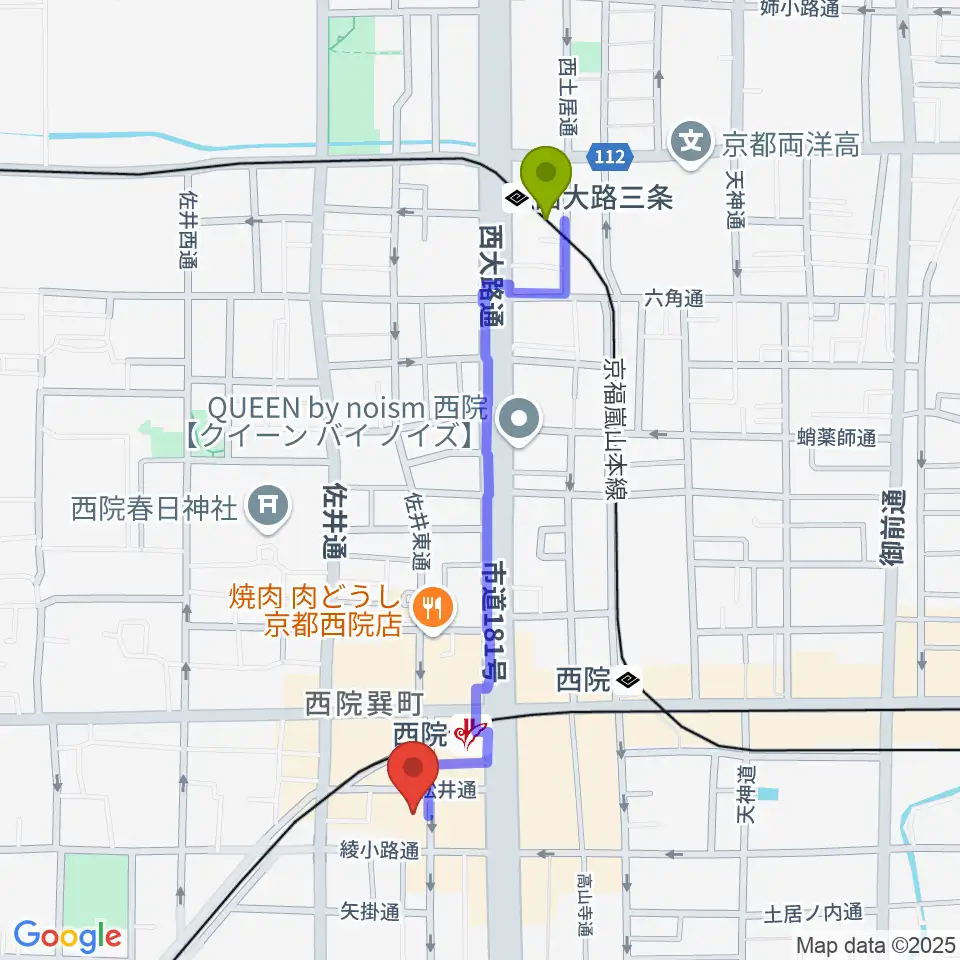 西大路三条駅から京都GATTACAへのルートマップ地図