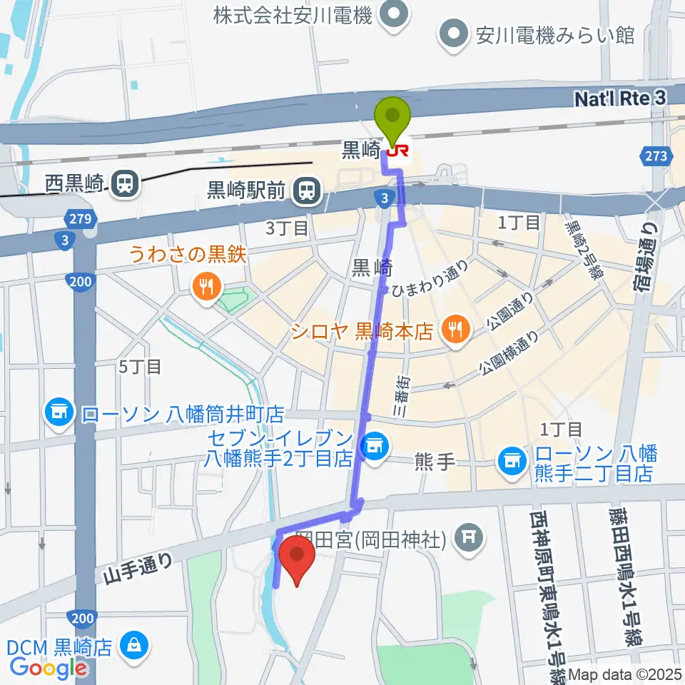黒崎ひびしんホールの最寄駅黒崎駅からの徒歩ルート（約10分）地図