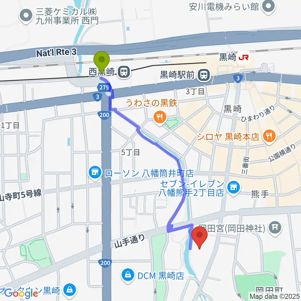 西黒崎駅から黒崎ひびしんホールへのルートマップ地図