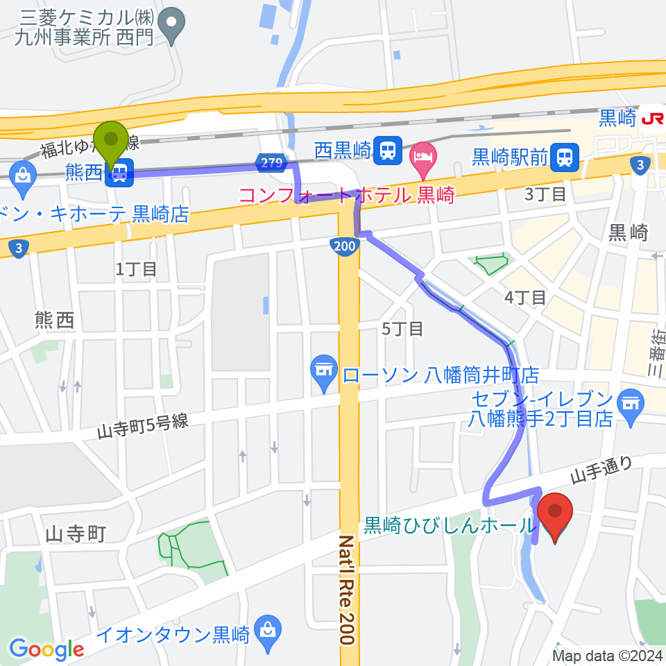 熊西駅から黒崎ひびしんホールへのルートマップ地図