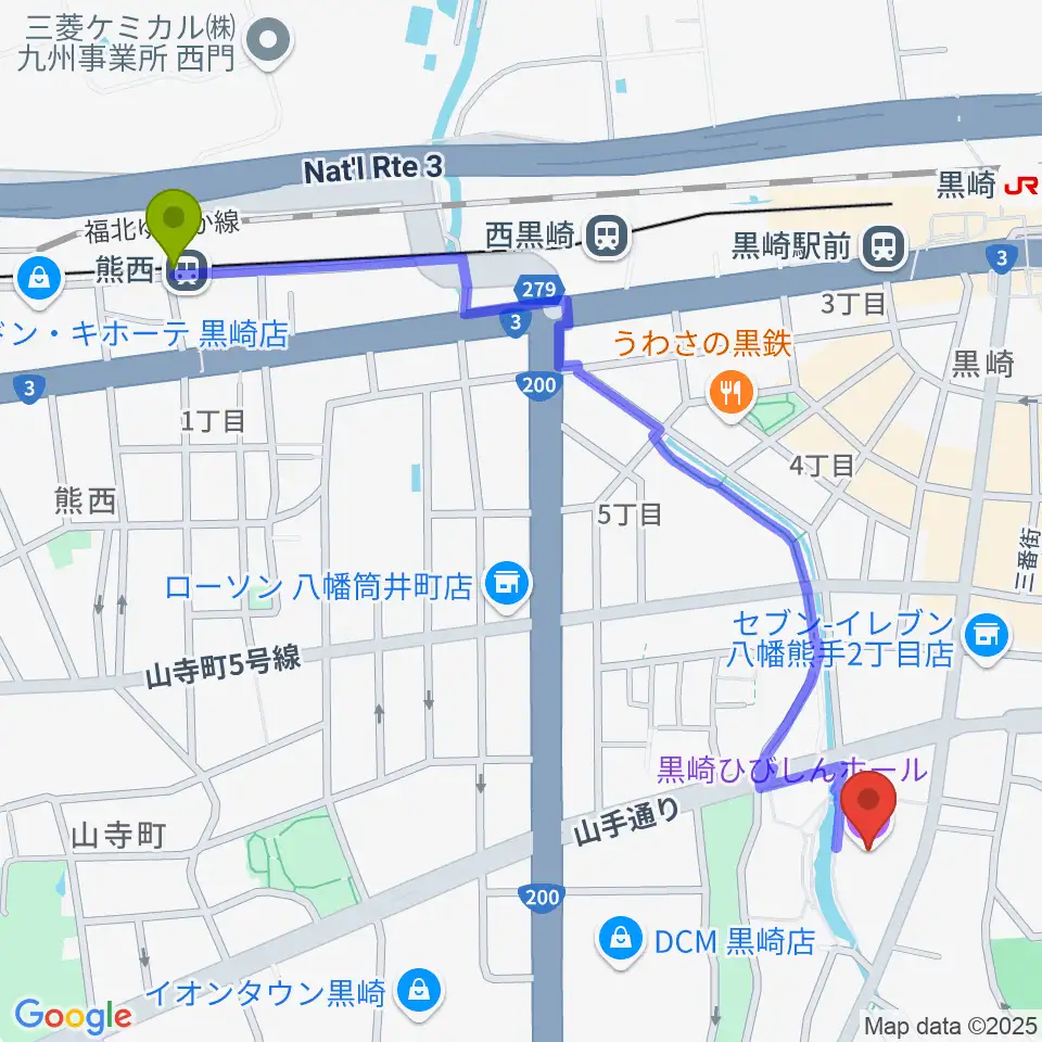 熊西駅から黒崎ひびしんホールへのルートマップ地図