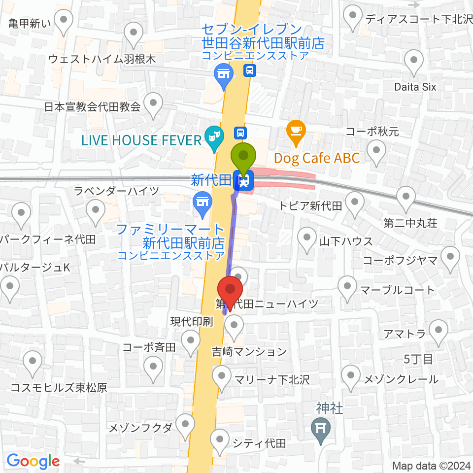 新代田クロッシングの最寄駅新代田駅からの徒歩ルート（約2分）地図