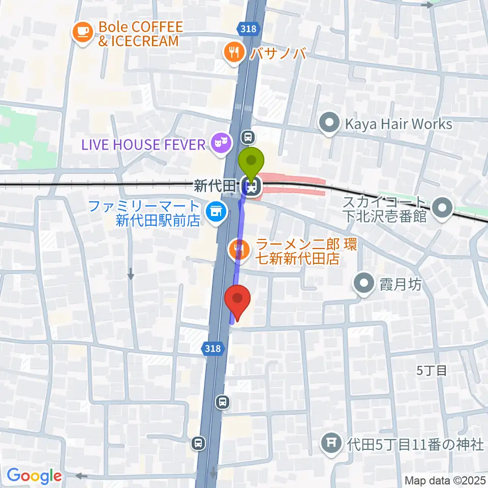 新代田クロッシングの最寄駅新代田駅からの徒歩ルート（約2分）地図