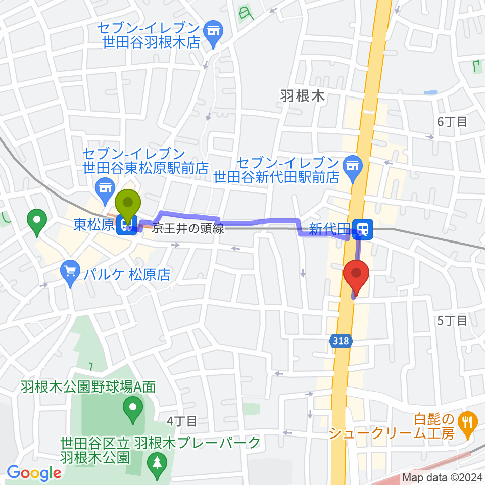東松原駅から新代田クロッシングへのルートマップ地図