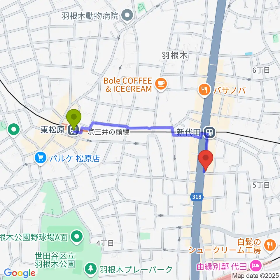 東松原駅から新代田クロッシングへのルートマップ地図