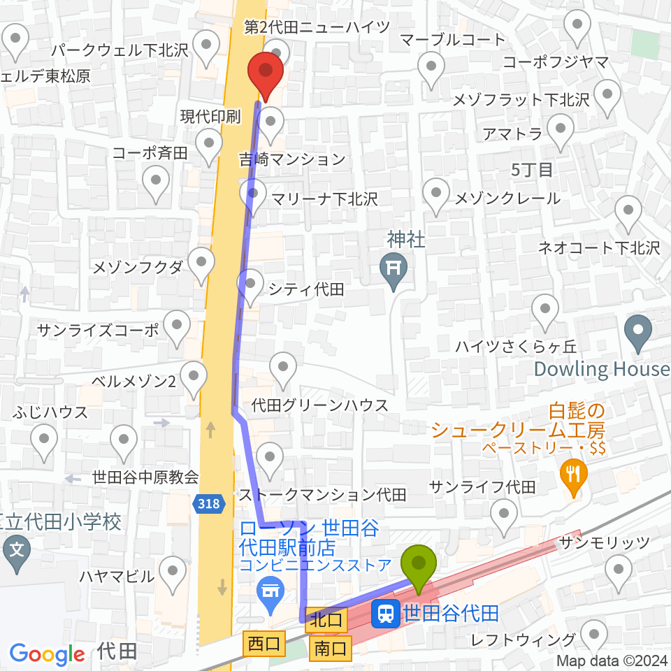 世田谷代田駅から新代田クロッシングへのルートマップ地図