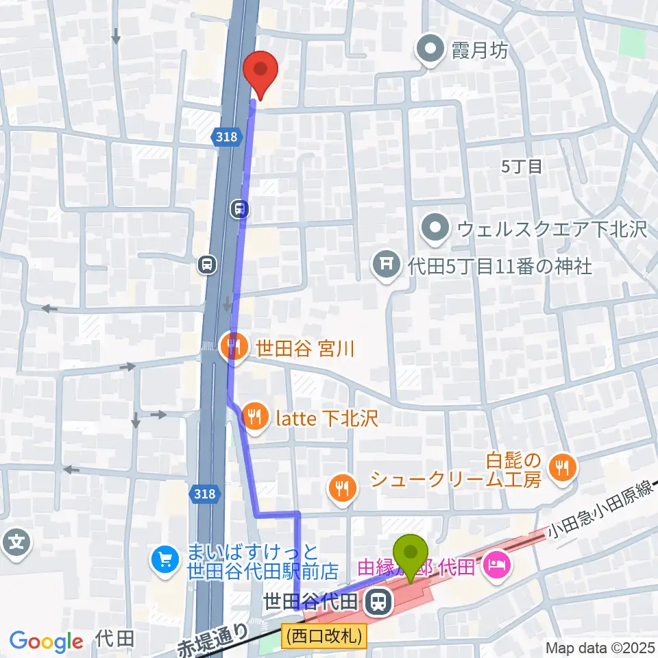 世田谷代田駅から新代田クロッシングへのルートマップ地図