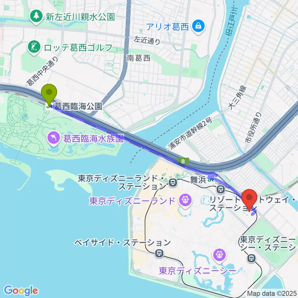 葛西臨海公園駅から舞浜アンフィシアターへのルートマップ地図