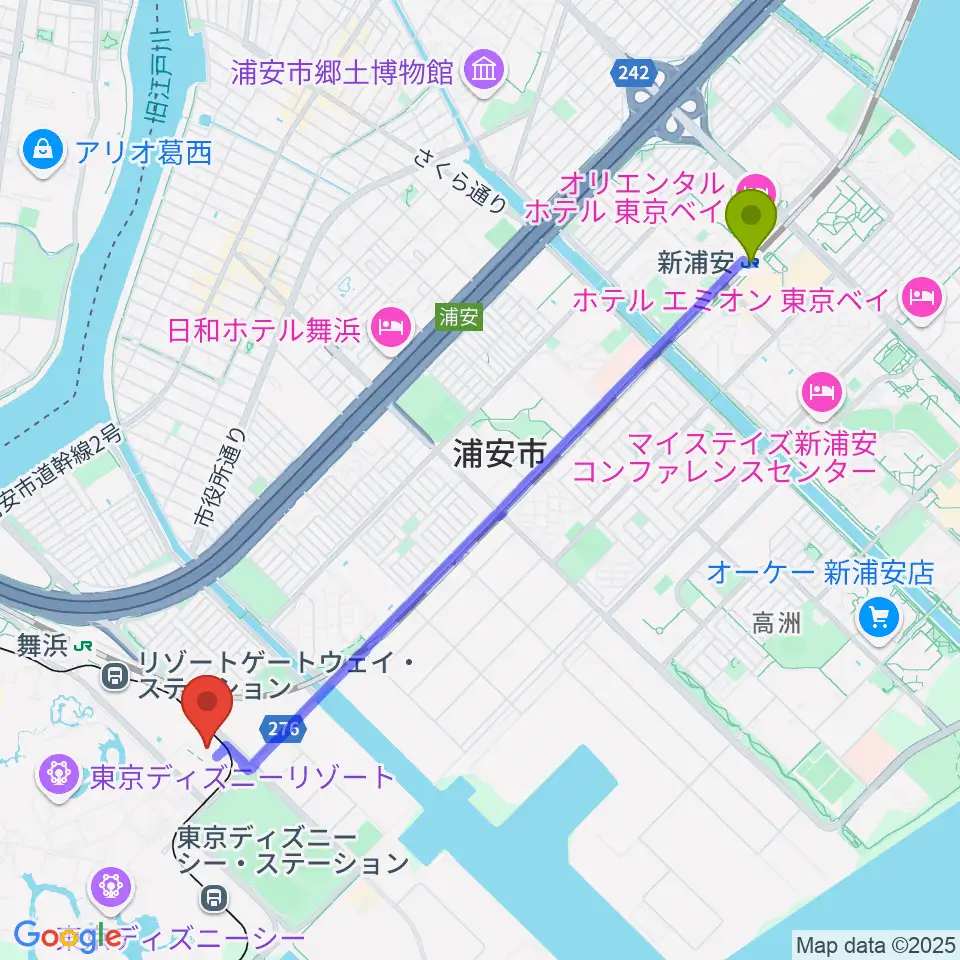 新浦安駅から舞浜アンフィシアターへのルートマップ地図