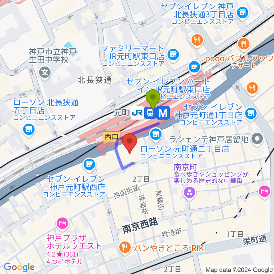 元町シアタージャジーの最寄駅元町駅からの徒歩ルート（約1分）地図