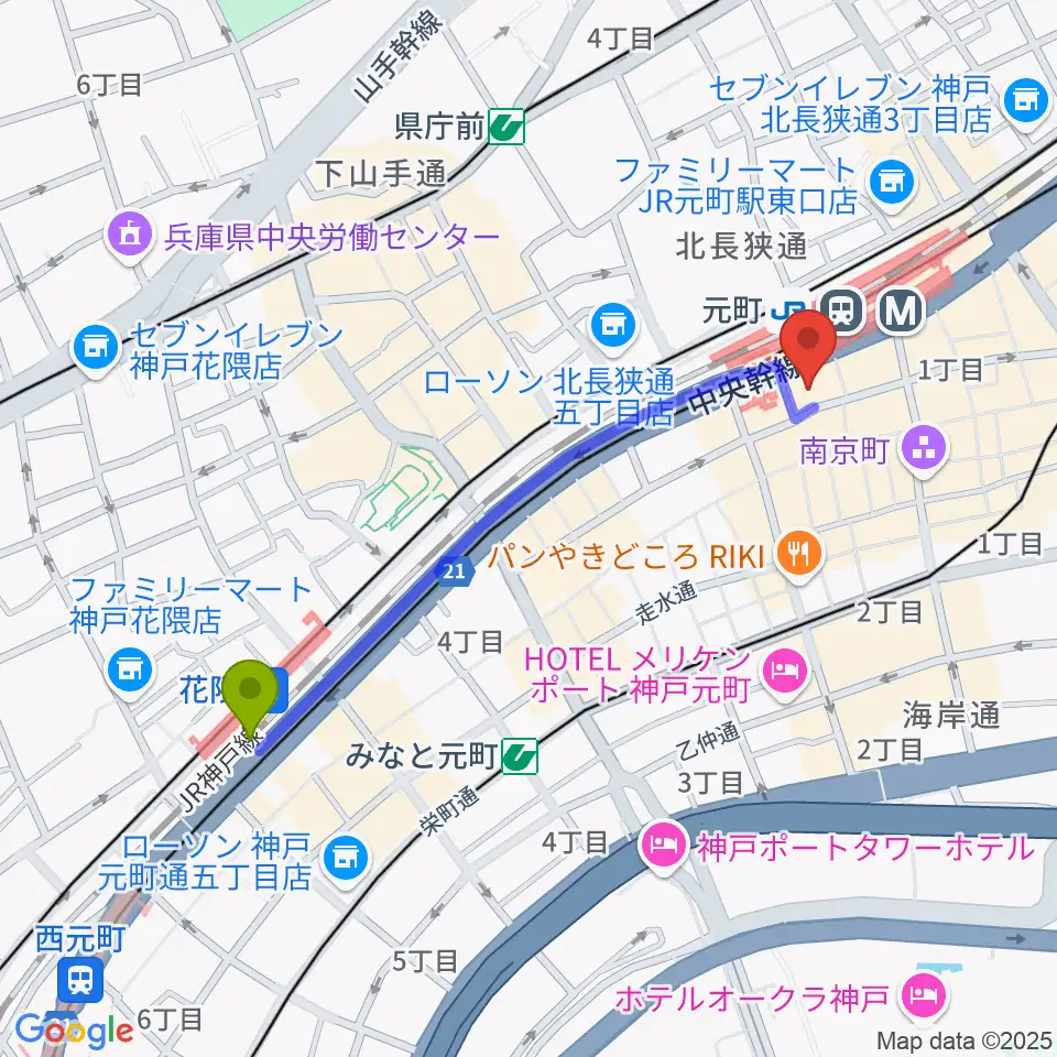 花隈駅から元町シアタージャジーへのルートマップ地図